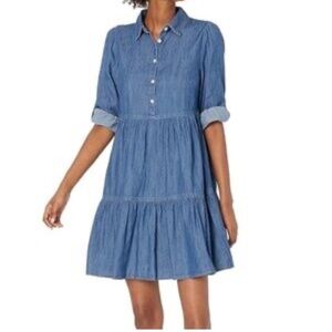 Tommy Hilfiger Tiered Roll Tab Sleeve Shirt Dress in Chambray Blue Denim